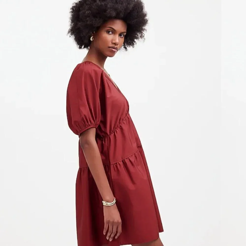 Madewell Puff-Sleeve Mini Dress in Poplin Claret burgundy  NWT
